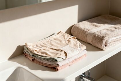 Culottes menstruelles en coton bio pliées sur une étagère de salle de bain à côté d'une serviette