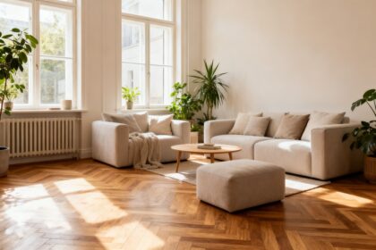 Salon lumineux avec parquet en chêne posé en chevrons et mobilier beige