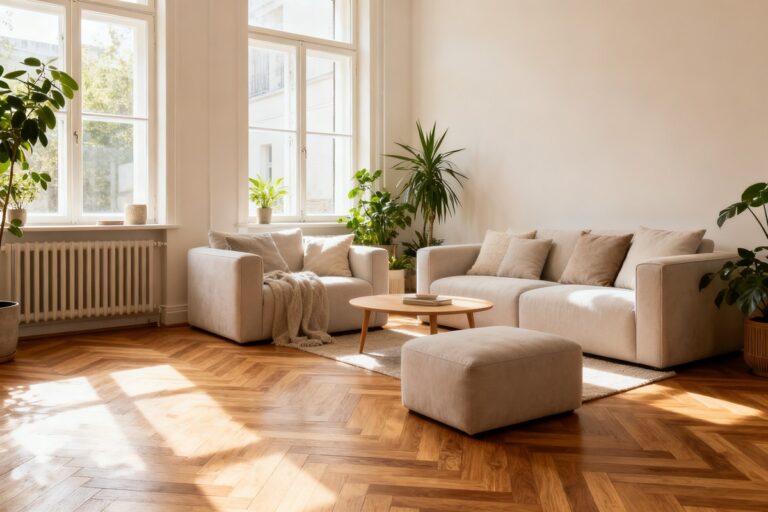 Salon lumineux avec parquet en chêne posé en chevrons et mobilier beige