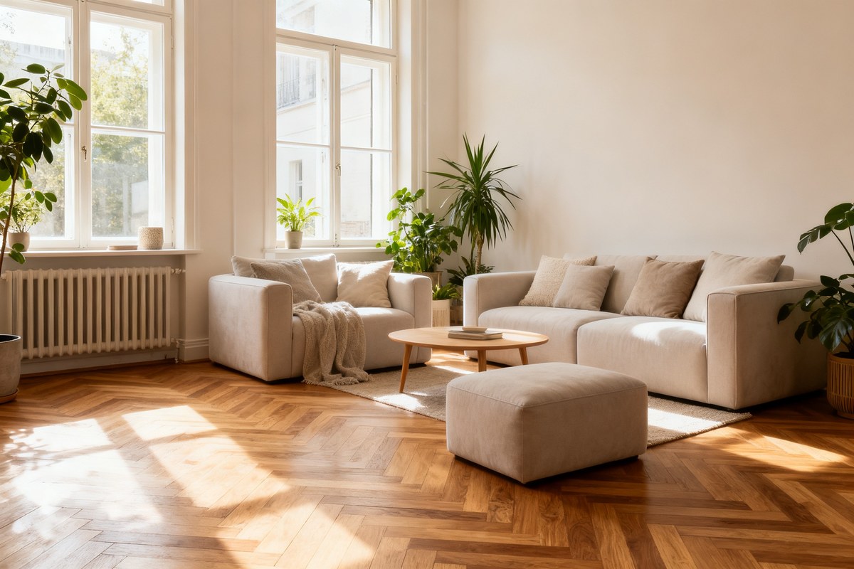 Salon lumineux avec parquet en chêne posé en chevrons et mobilier beige