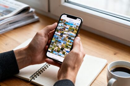 Mains tenant un smartphone affichant une galerie de photos saturée, posé sur un carnet près d'une fenêtre.