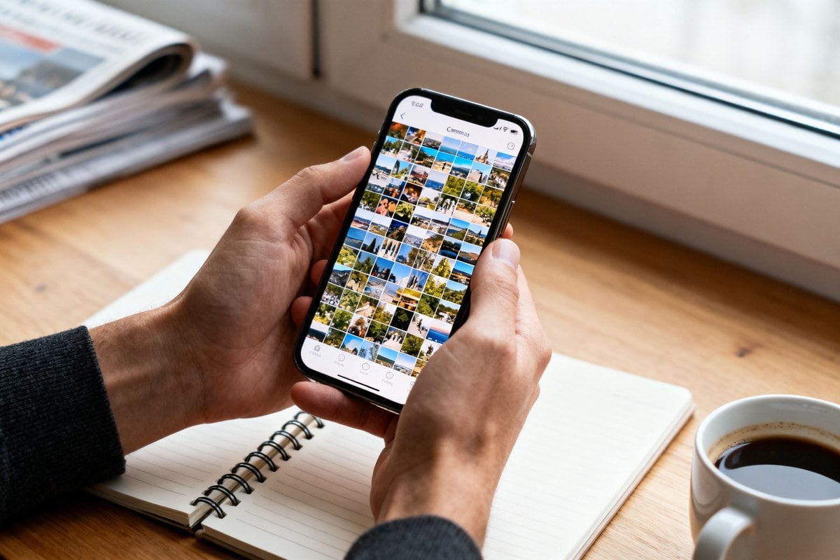 Mains tenant un smartphone affichant une galerie de photos saturée, posé sur un carnet près d'une fenêtre.