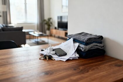 Pile de papiers, clés, téléphone et vêtements pliés entassés sur le coin d'une table en bois, dans un salon clair