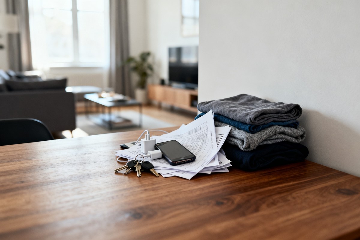 Pile de papiers, clés, téléphone et vêtements pliés entassés sur le coin d'une table en bois, dans un salon clair