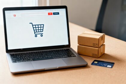 Ordinateur portable affichant une boutique en ligne, colis et carte bancaire sur un bureau