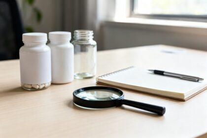 Loupe posée sur un bureau à côté de flacons de compléments sans étiquette et d'un carnet ouvert