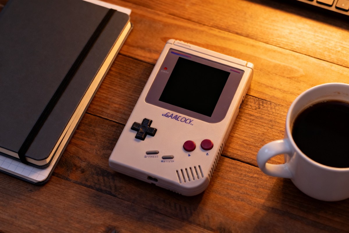 Console de jeu portable rétro posée sur un bureau en bois avec un carnet et un café