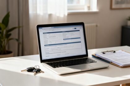 Ordinateur portable affichant un formulaire administratif, clés de voiture et dossier de documents