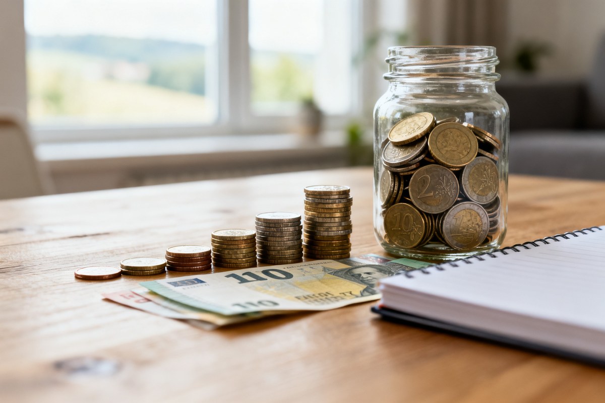 Pièces et billets rangés près d'un petit pot d'épargne en verre et d'un carnet sur une table en bois
