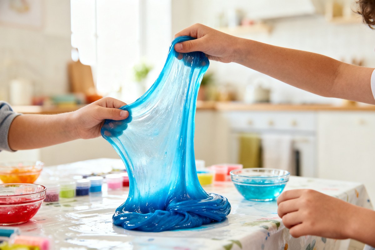 Mains d'enfants étirant un slime bleu brillant sur une table couverte de fournitures créatives