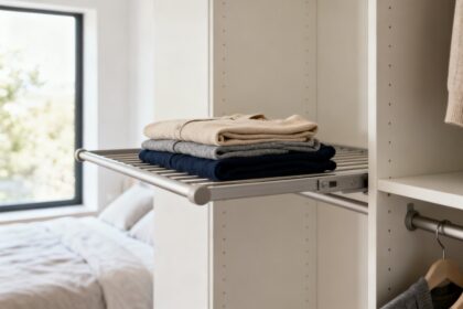 Quelques vêtements pliés aux tons neutres sur l'étagère d'un dressing épuré, près d'une fenêtre.