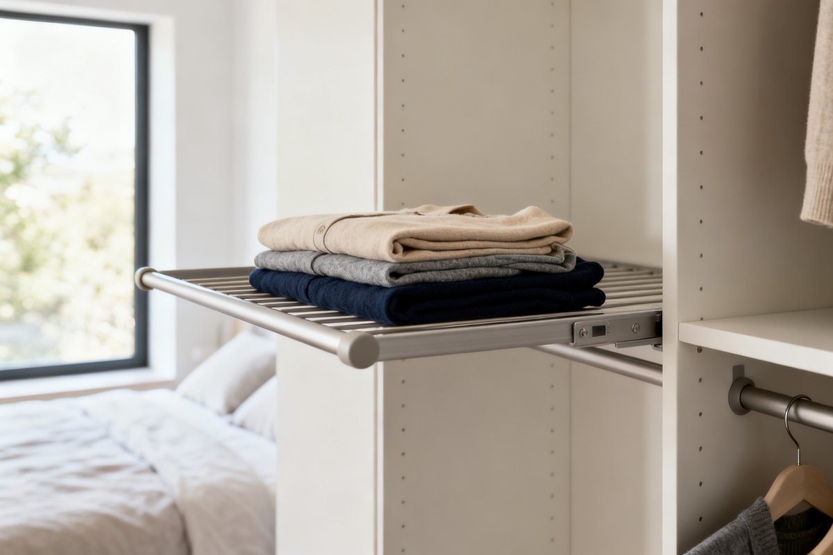 Quelques vêtements pliés aux tons neutres sur l'étagère d'un dressing épuré, près d'une fenêtre.