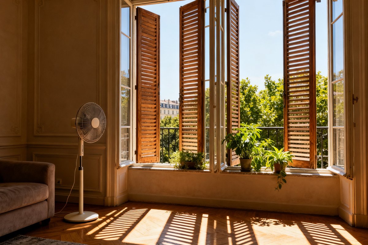 Intérieur d'appartement aux volets mi-clos avec un ventilateur posé au sol par une journée d'été