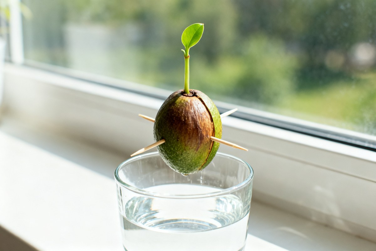 Noyau d'avocat suspendu par des cure-dents au-dessus d'un verre d'eau sur un rebord de fenêtre