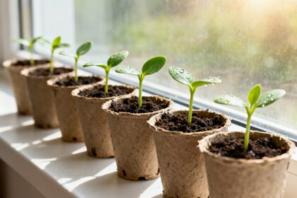 Jeunes pousses vertes sortant de la terre dans de petits pots biodégradables sur un rebord de fenêtre