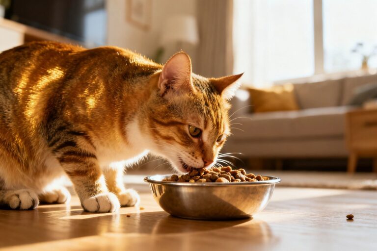 Chat en bonne santé au pelage brillant mangeant dans une gamelle dans un intérieur cosy