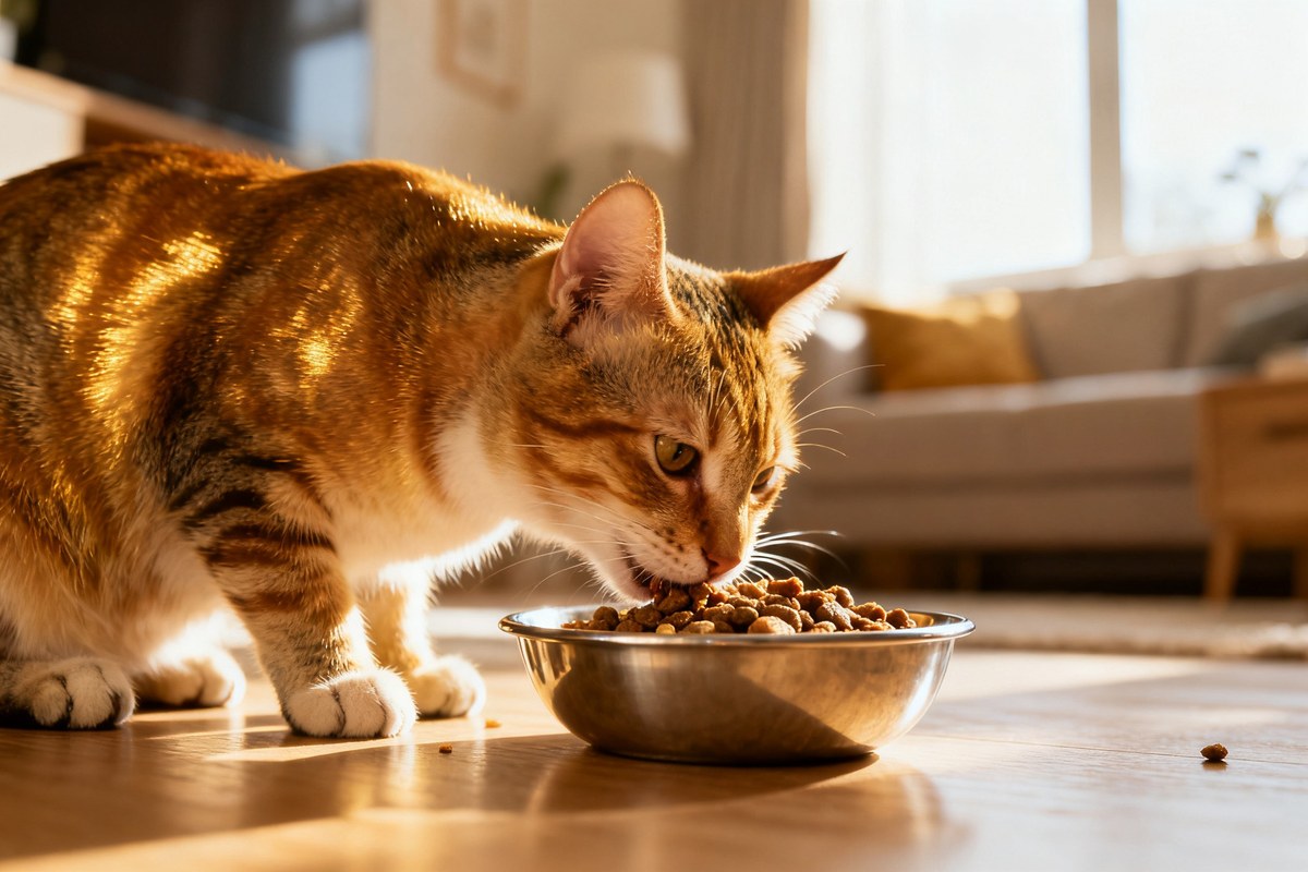 Chat en bonne santé au pelage brillant mangeant dans une gamelle dans un intérieur cosy
