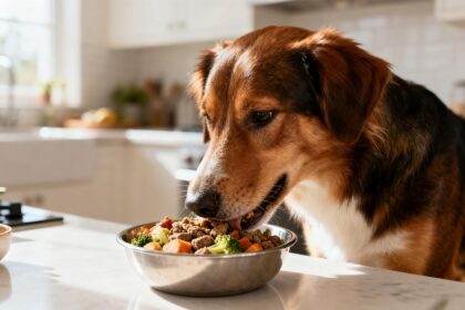 Chien en bonne santé au pelage brillant mangeant dans une gamelle dans une cuisine lumineuse