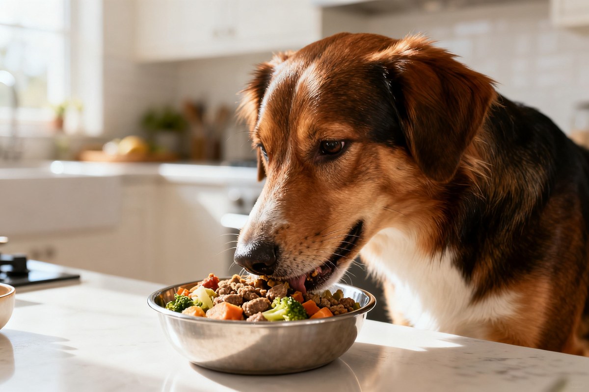 Chien en bonne santé au pelage brillant mangeant dans une gamelle dans une cuisine lumineuse