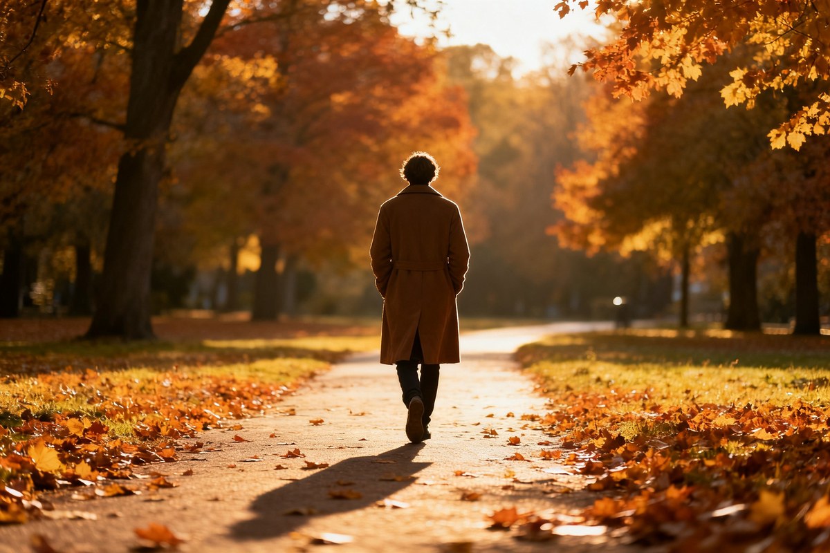 Personne marchant seule sur un chemin dans un parc ensoleillé d'automne, vue de dos