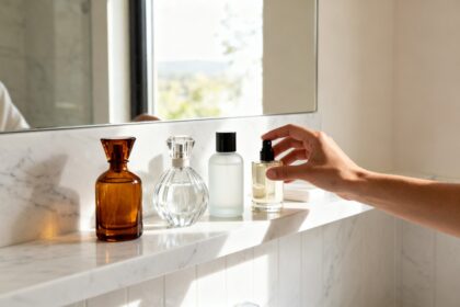 Plusieurs flacons de parfum de formes variées posés sur une étagère de salle de bain en marbre, près d'une fenêtre.
