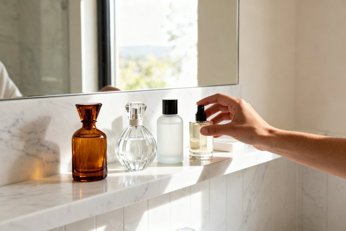 Plusieurs flacons de parfum de formes variées posés sur une étagère de salle de bain en marbre, près d'une fenêtre.