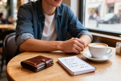 Portefeuille fermé et carnet de budget posés sur une table de café, tasse de café à côté