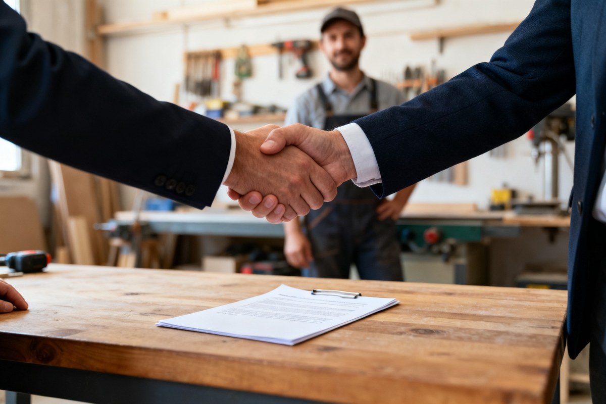 Poignée de main au-dessus d'un bureau avec un contrat, atelier d'artisan en arrière-plan