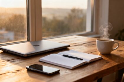 Bureau en bois épuré près d'une fenêtre, carnet ouvert, ordinateur fermé et téléphone retourné.