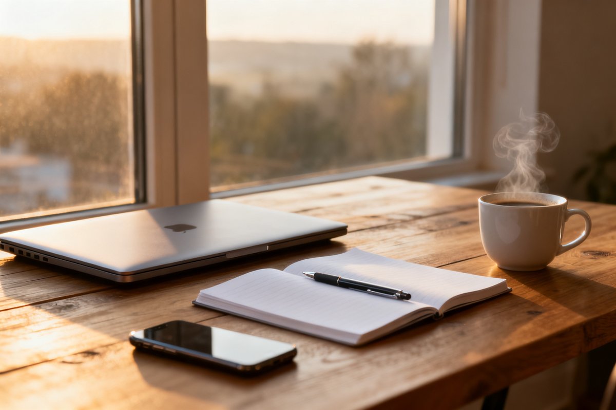 Bureau en bois épuré près d'une fenêtre, carnet ouvert, ordinateur fermé et téléphone retourné.