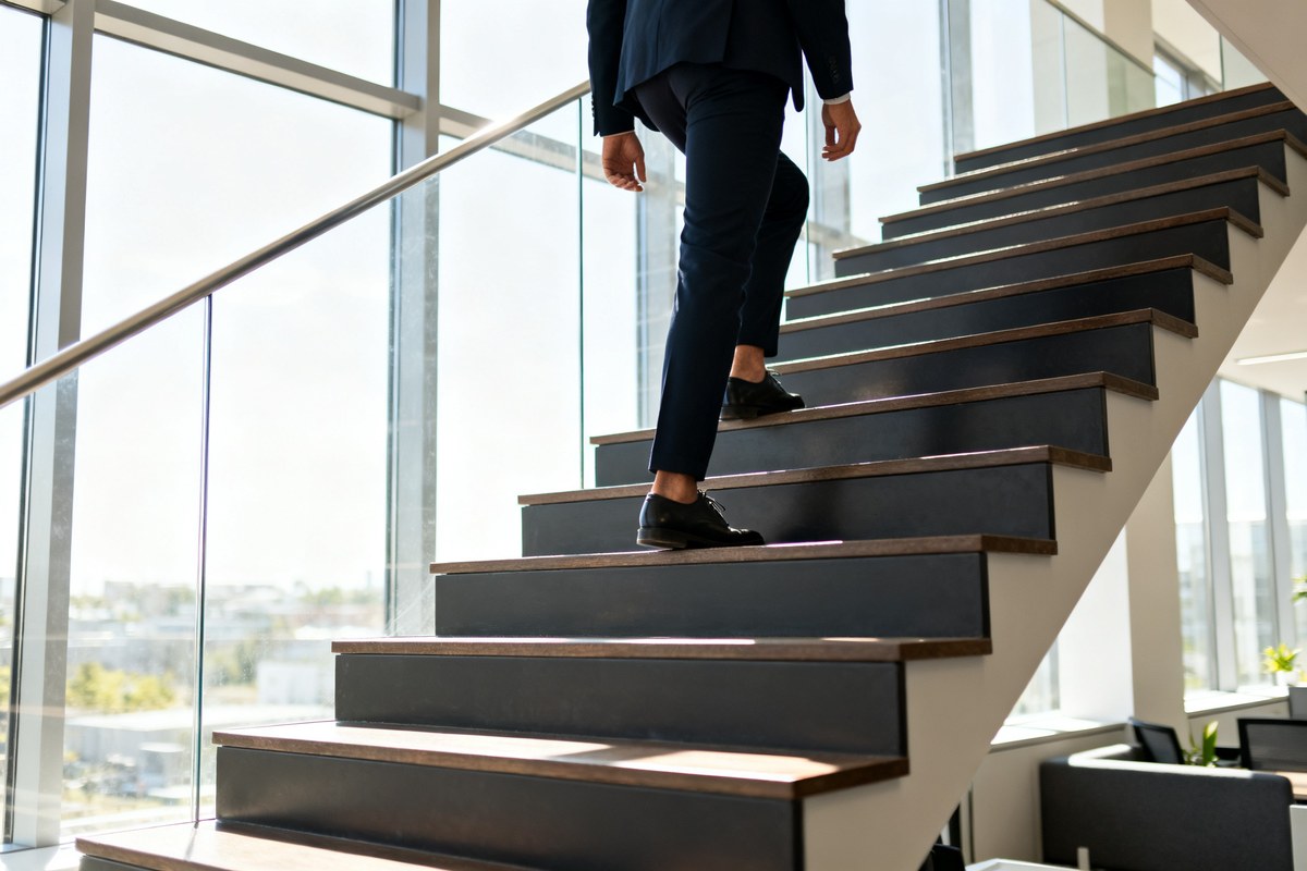 Une personne monte un escalier dans un immeuble de bureaux lumineux.