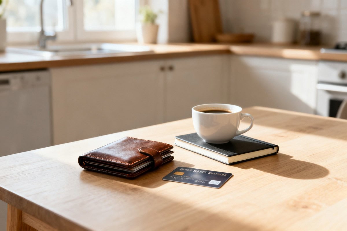 Portefeuille fermé et carte bancaire posés sur une table en bois près d'un carnet et d'une tasse de café