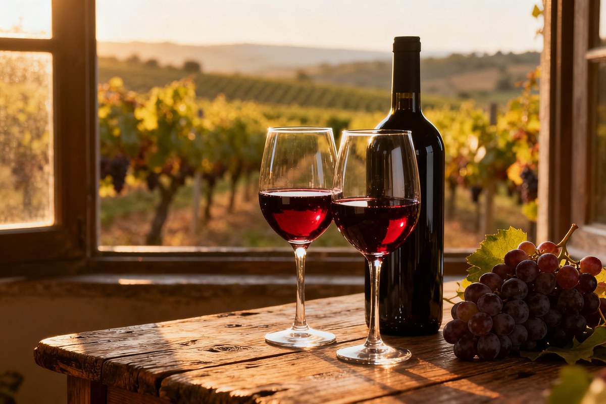 Deux verres de vin rouge et une bouteille sur une table en bois près de raisins et de vignes