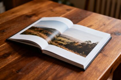 Livre photo ouvert sur une table en bois, montrant des photographies de paysage