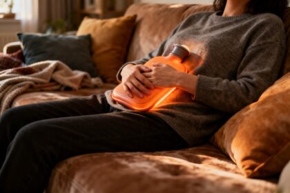 Personne allongée sur un canapé avec une bouillotte chaude posée sur le ventre