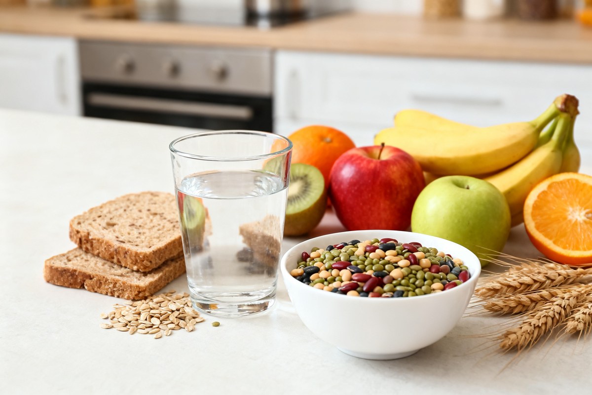 Verre d'eau, fruits frais, céréales complètes et bol de légumineuses sur une table claire