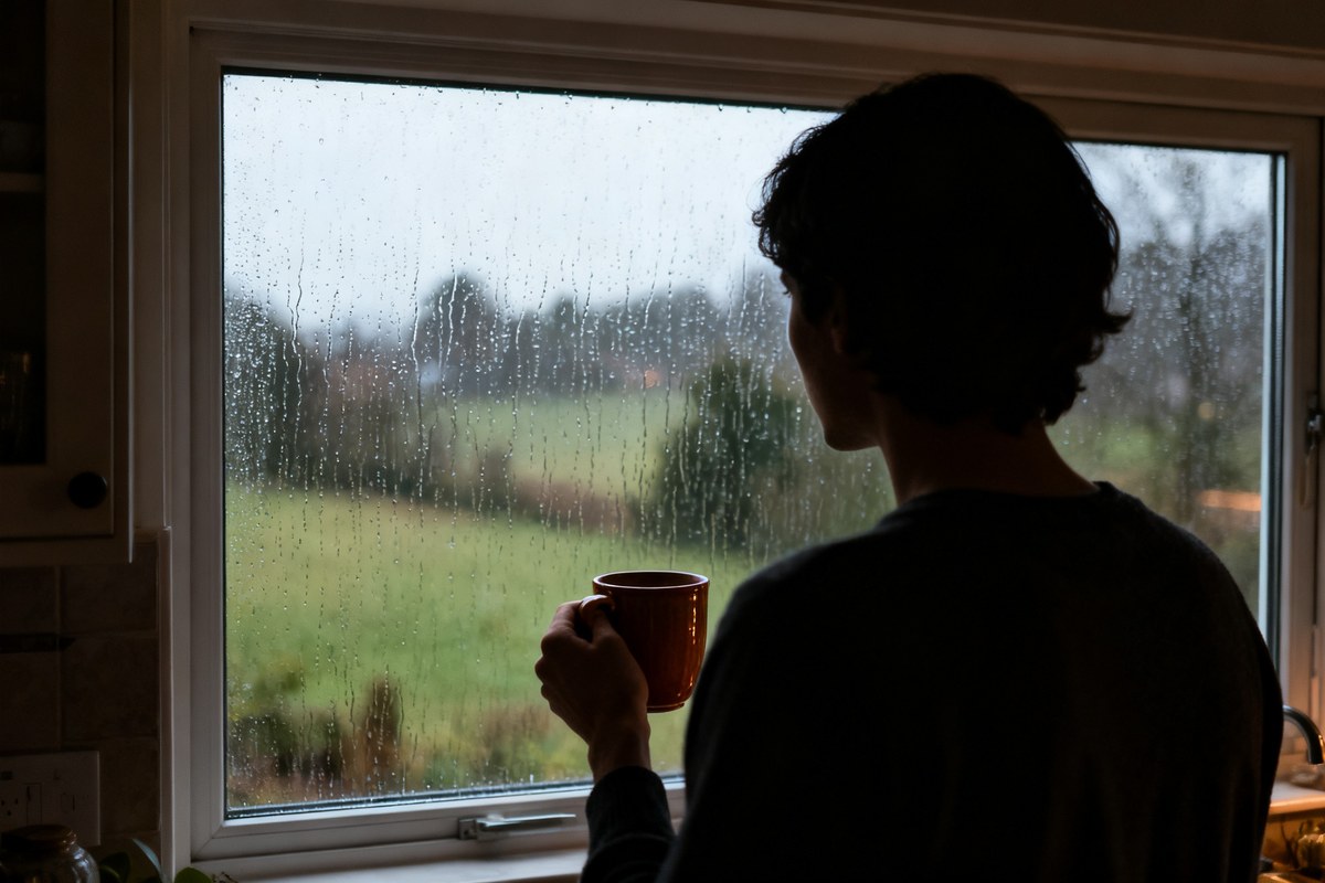 Silhouette de dos regardant par une fenêtre striée de pluie en tenant une tasse chaude