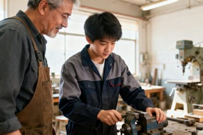 Jeune apprenti en tenue de travail apprenant un métier manuel auprès d'un tuteur dans un atelier
