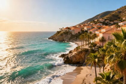 Vue panoramique du littoral de la Côte d'Azur avec mer turquoise et palmiers au soleil