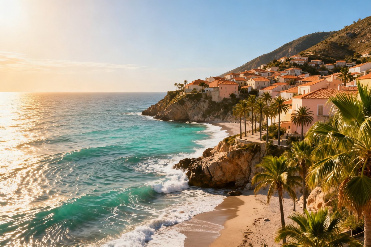 Vue panoramique du littoral de la Côte d'Azur avec mer turquoise et palmiers au soleil