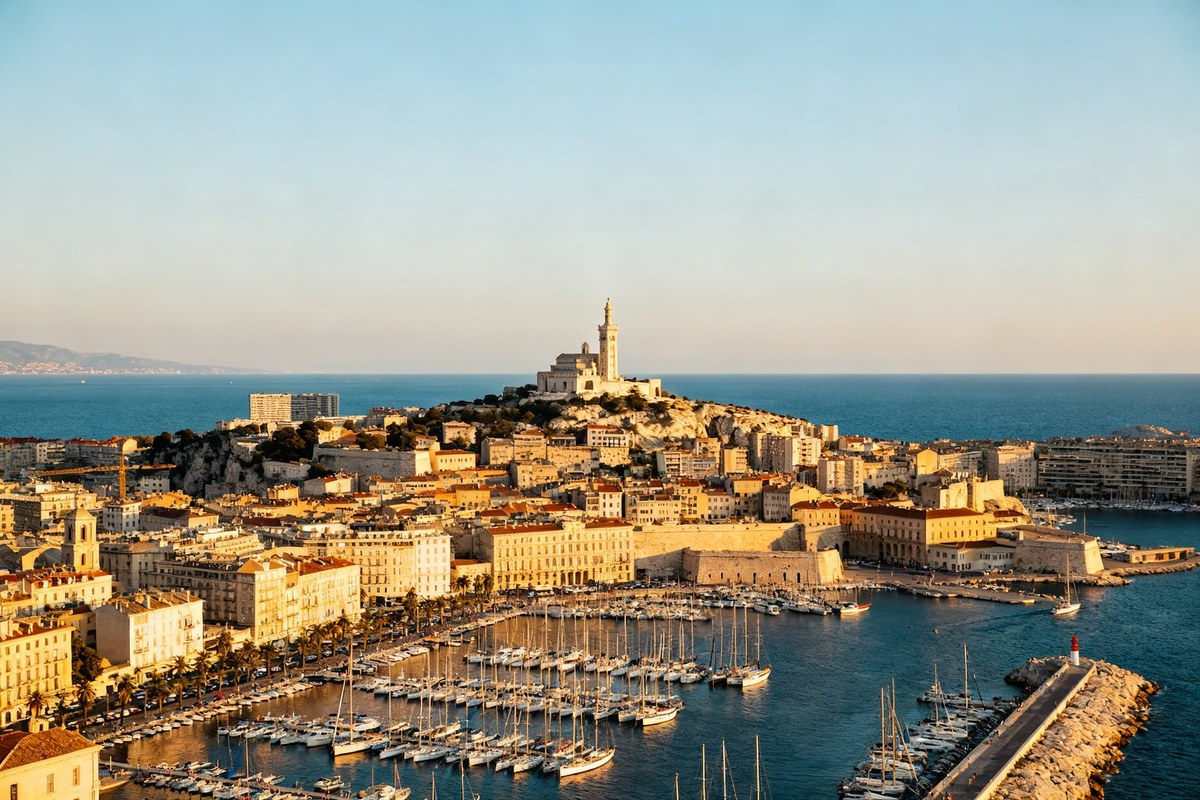 Vue du Vieux-Port de Marseille et de la basilique Notre-Dame de la Garde au coucher du soleil