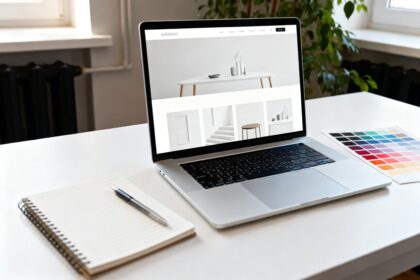 Bureau de webdesigner avec un ordinateur portable affichant une maquette de site et un nuancier