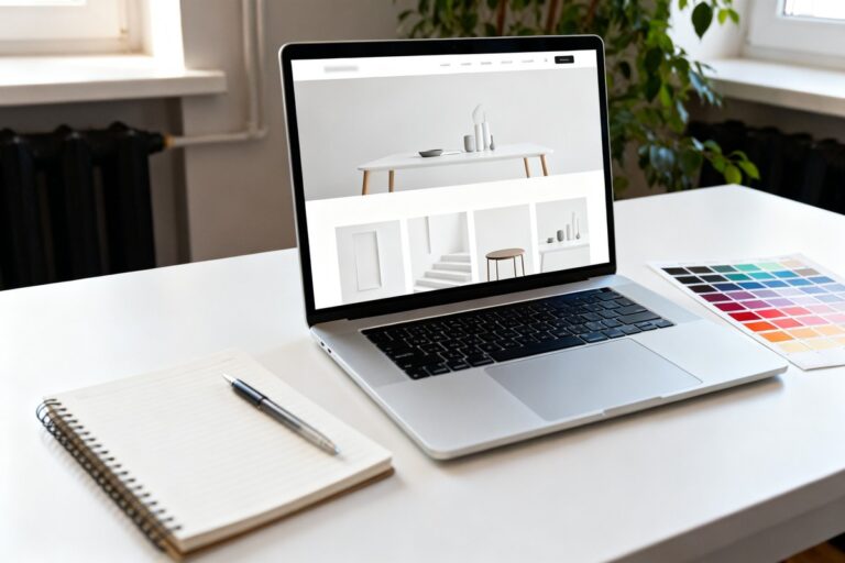 Bureau de webdesigner avec un ordinateur portable affichant une maquette de site et un nuancier