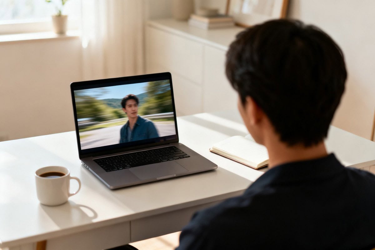 Une personne de dos regarde une vidéo sur un ordinateur portable, l'écran légèrement flou par l'effet de vitesse.