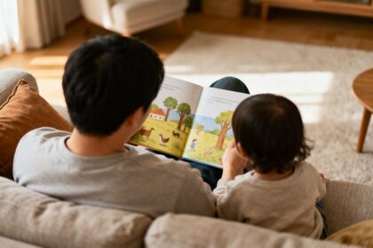 Un parent et un jeune enfant lisant un livre illustré ensemble sur un canapé