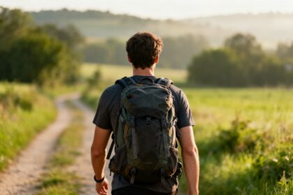 Marcheur de dos sur un chemin de campagne portant un sac à dos lesté, dans la lumière du matin.