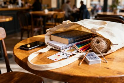 Tote bag ouvert sur une table avec livre, carnet, crayons de couleur, tricot et jeu de cartes, téléphone posé à côté