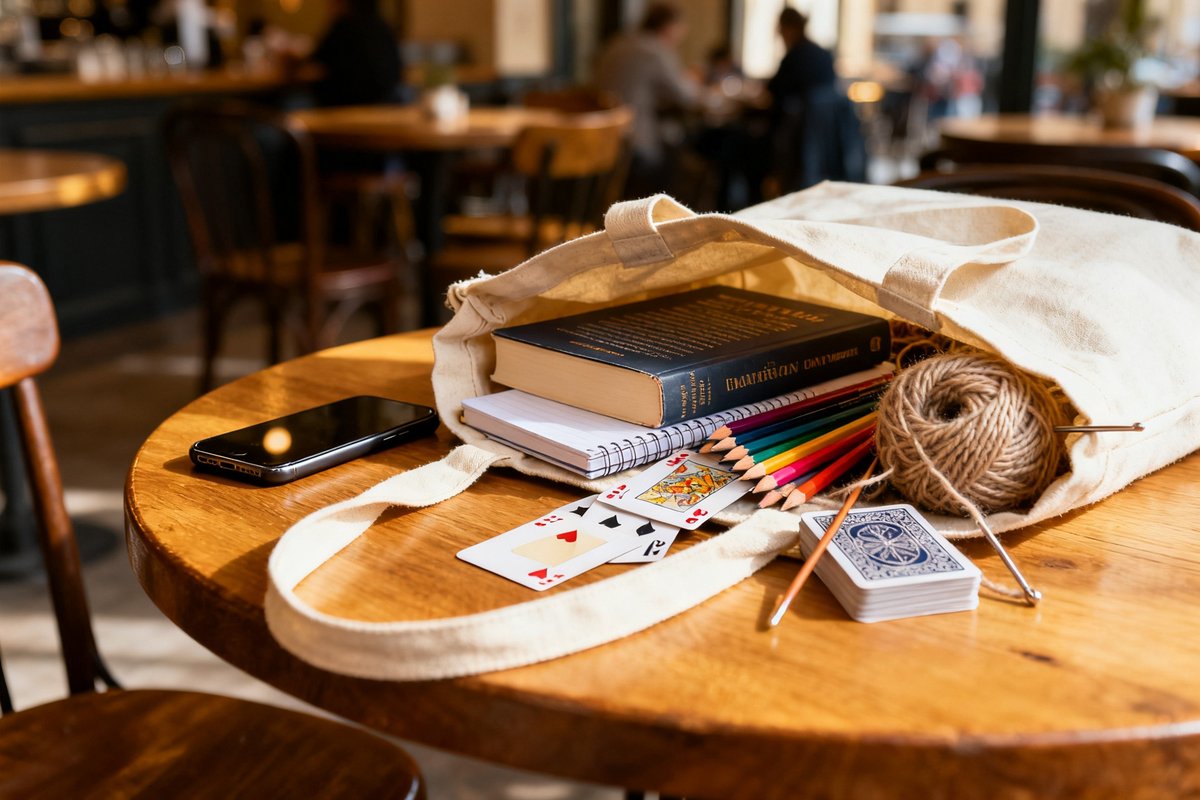 Tote bag ouvert sur une table avec livre, carnet, crayons de couleur, tricot et jeu de cartes, téléphone posé à côté