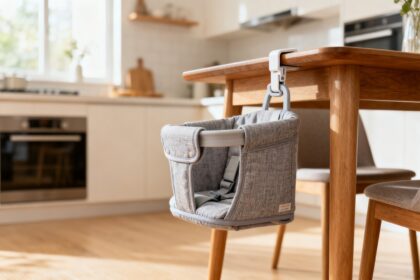 Siège de table nomade en tissu fixé au bord d'une table de cuisine en bois