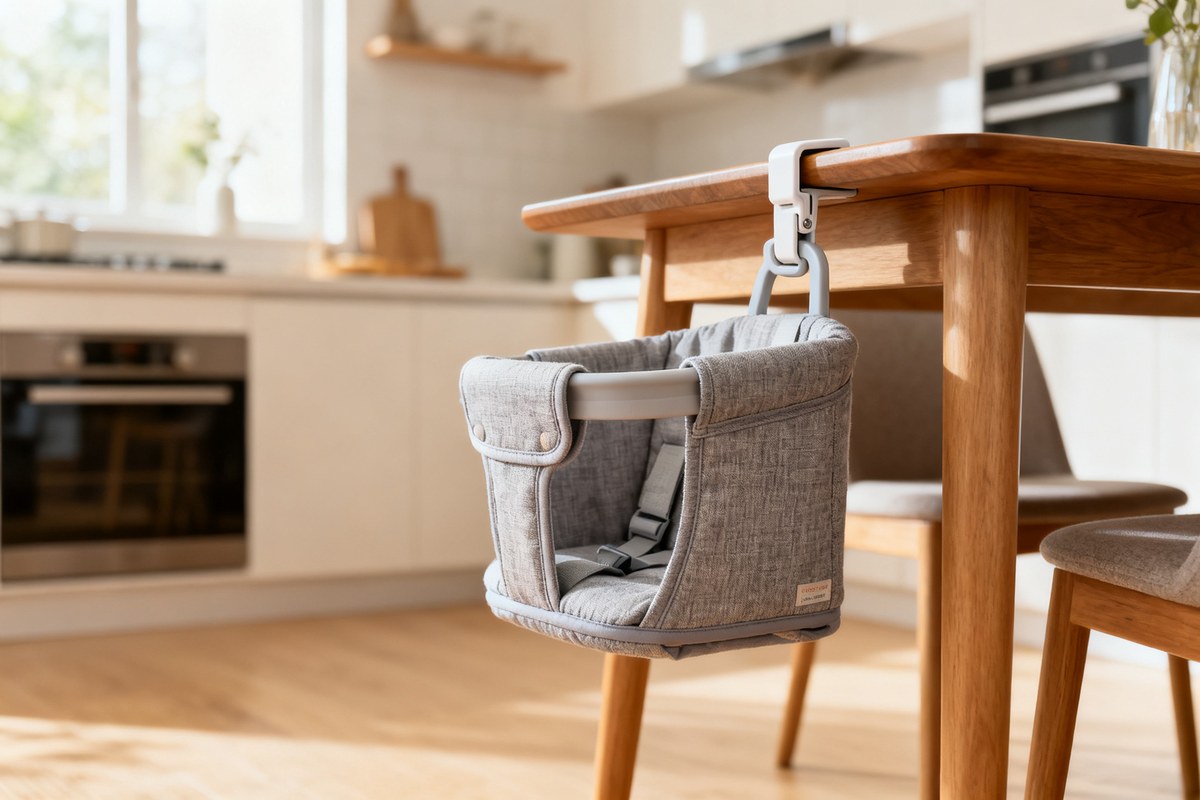 Siège de table nomade en tissu fixé au bord d'une table de cuisine en bois